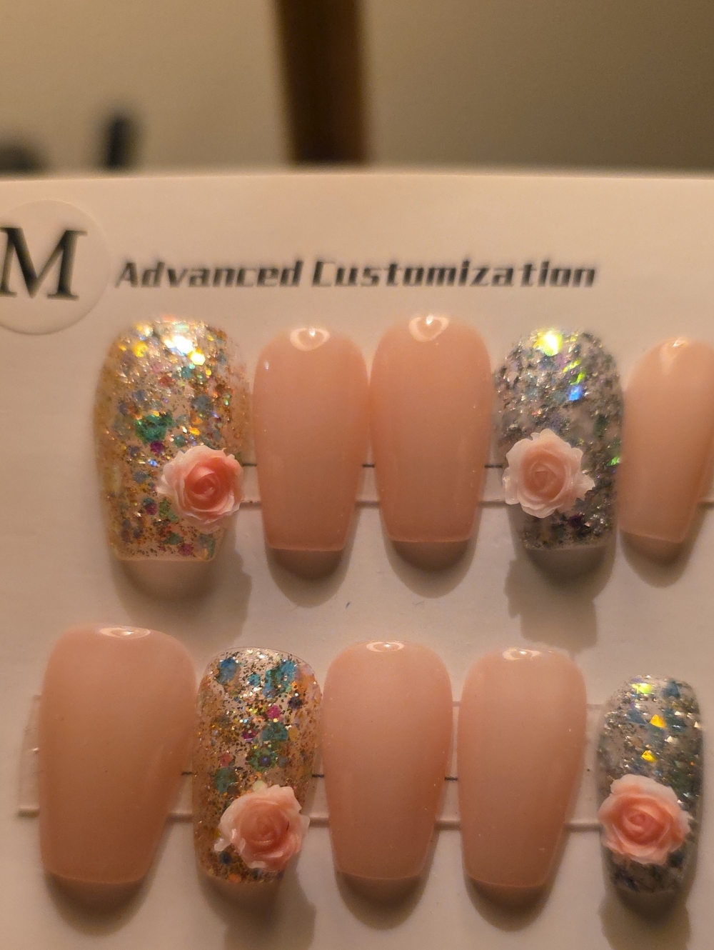 Nude Pink Rose Accent Press-On Nails with Glitter Accents Size Med